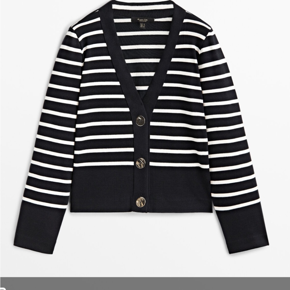 Massimo Dutti Black and White Striped Cardigan Sweater with V-Neck. XS